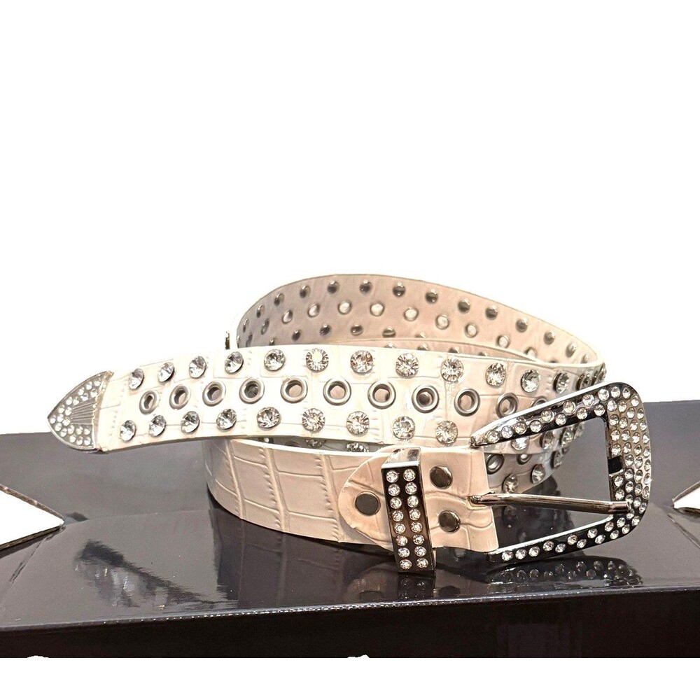 Women's Cute White Rhinestone Bedazzled Belt w/ Silver Metal Buckle 43"